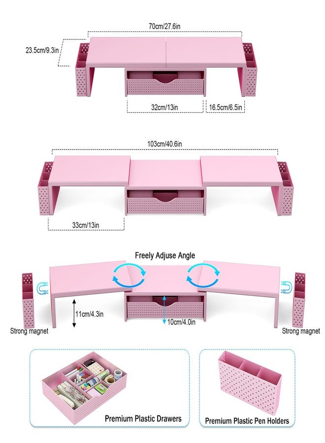 Spacrea Metal Desk Organizers and Accessories, Dual Monitor Stand Riser with Drawer and 2 Pen Holders, Desk Accessories & Workspace Desktop Organizers for Office Supplies (Pink) - Image 5