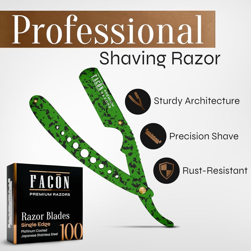 FACON Facón Straight Razors for Men - Professional Barber Straight Edge Razor Kit with 100 Blades, Classic Stainless Steel Barbero Shaver for a Smooth & Precise Shave, Premium Barber Razor for Men's Shaving - Image 2
