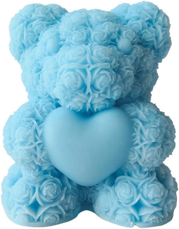Cute Bear with Heart Scented Candle,60G Teddy Bear Rose Clusters Aesthetic Handmade Soy Wax Aroma Decorative Candle for Table Photo Prop Wedding Birthday Gift,Prefect for Meditation Stress-Blue
