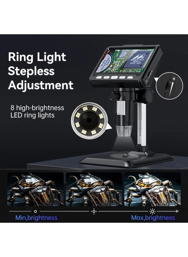 Black And White 4.3 Inch Digital Microscope 1000X Magnification 8 LED Lights For Electronics Hobbyists Science Students - Image 4