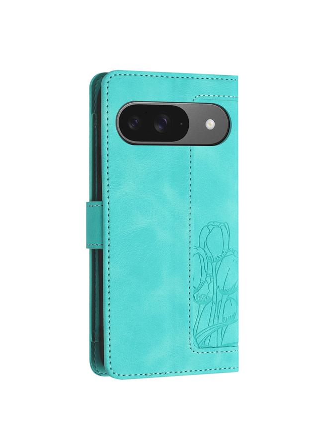 The Bros Phone Case For Google Pixel 9 / 9 Pro Tulips Embossed Leather Phone Phone Case with Lanyard - Image 3