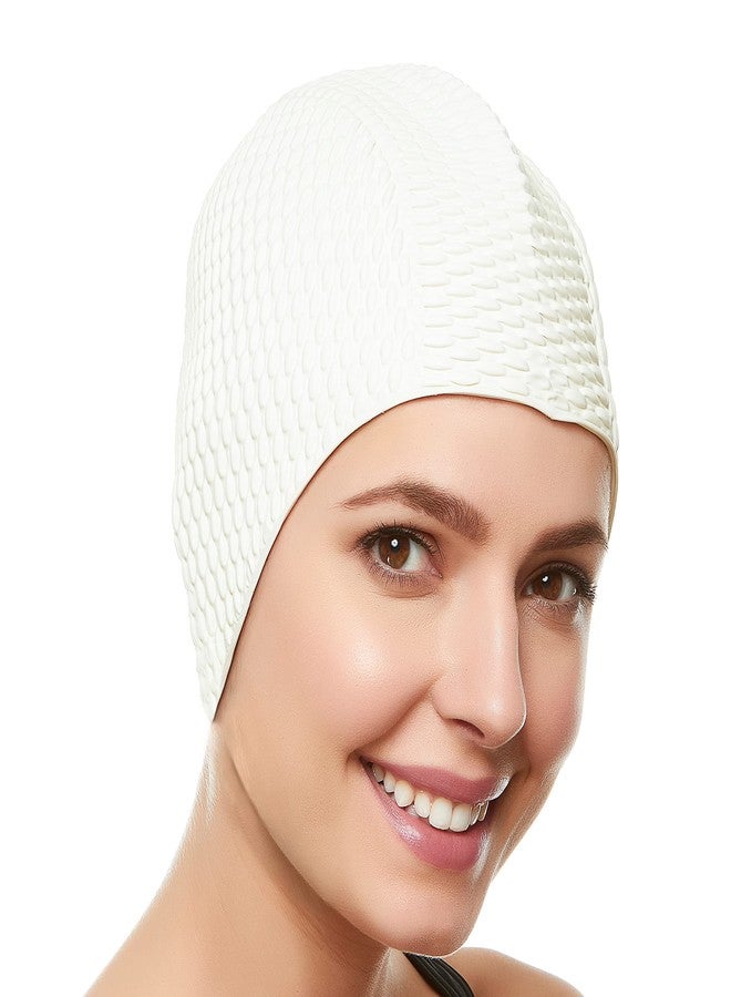 Beemo Latex with Embossed Flower Pattern Ornament Swim Bathing Cap - White - Image 1