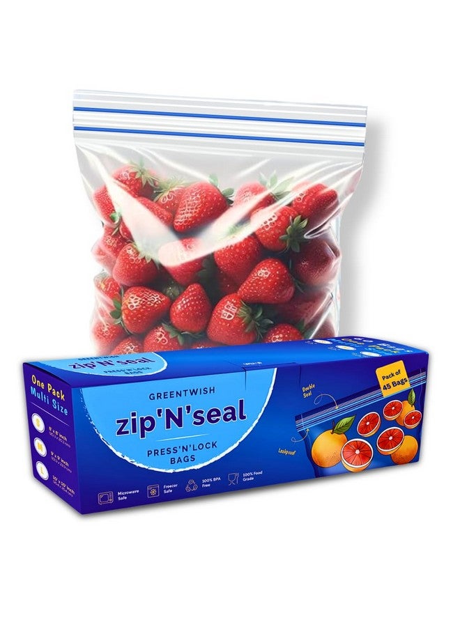 GREENTWISH Polyethylene Zip 'N' Seal (Pack of 45) Dual Zipper Zip Lock Bags, Freezer/Microwave Safe, Reusable LDPE Transparent Freezer Bags, Small-15, Medium-15, Large-15 - Image 1