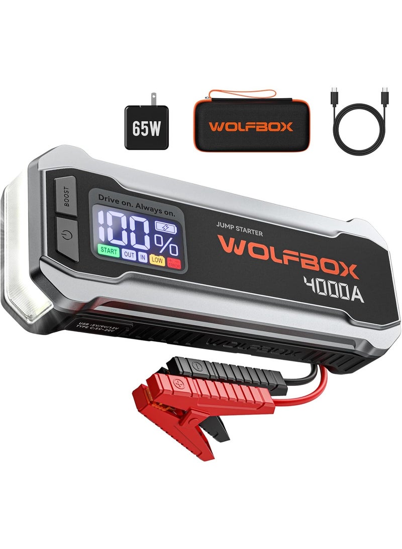WOLFBOX MV24 4000A Jump Starter,12V Car Booster Pack with 65W Quick Charger,LED Display, 88.8Wh Portable Jump Starter Battery (10L Gas 10L Diesel Engine) with LED Light, Jumper Cables - Image 1