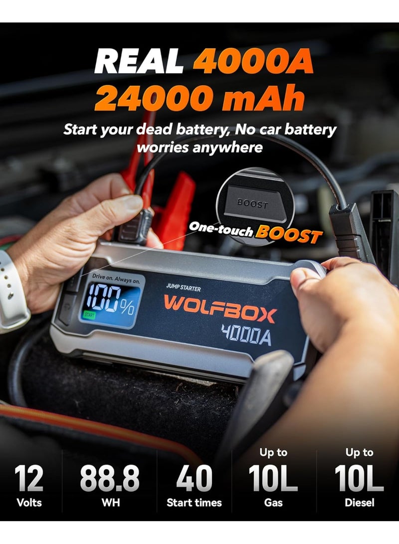 WOLFBOX MV24 4000A Jump Starter,12V Car Booster Pack with 65W Quick Charger,LED Display, 88.8Wh Portable Jump Starter Battery (10L Gas 10L Diesel Engine) with LED Light, Jumper Cables - Image 2