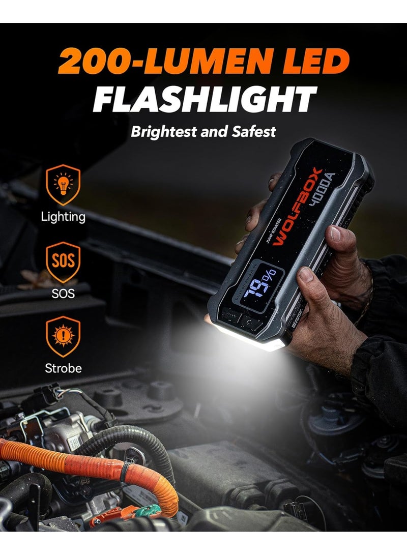 WOLFBOX MV24 4000A Jump Starter,12V Car Booster Pack with 65W Quick Charger,LED Display, 88.8Wh Portable Jump Starter Battery (10L Gas 10L Diesel Engine) with LED Light, Jumper Cables - Image 4