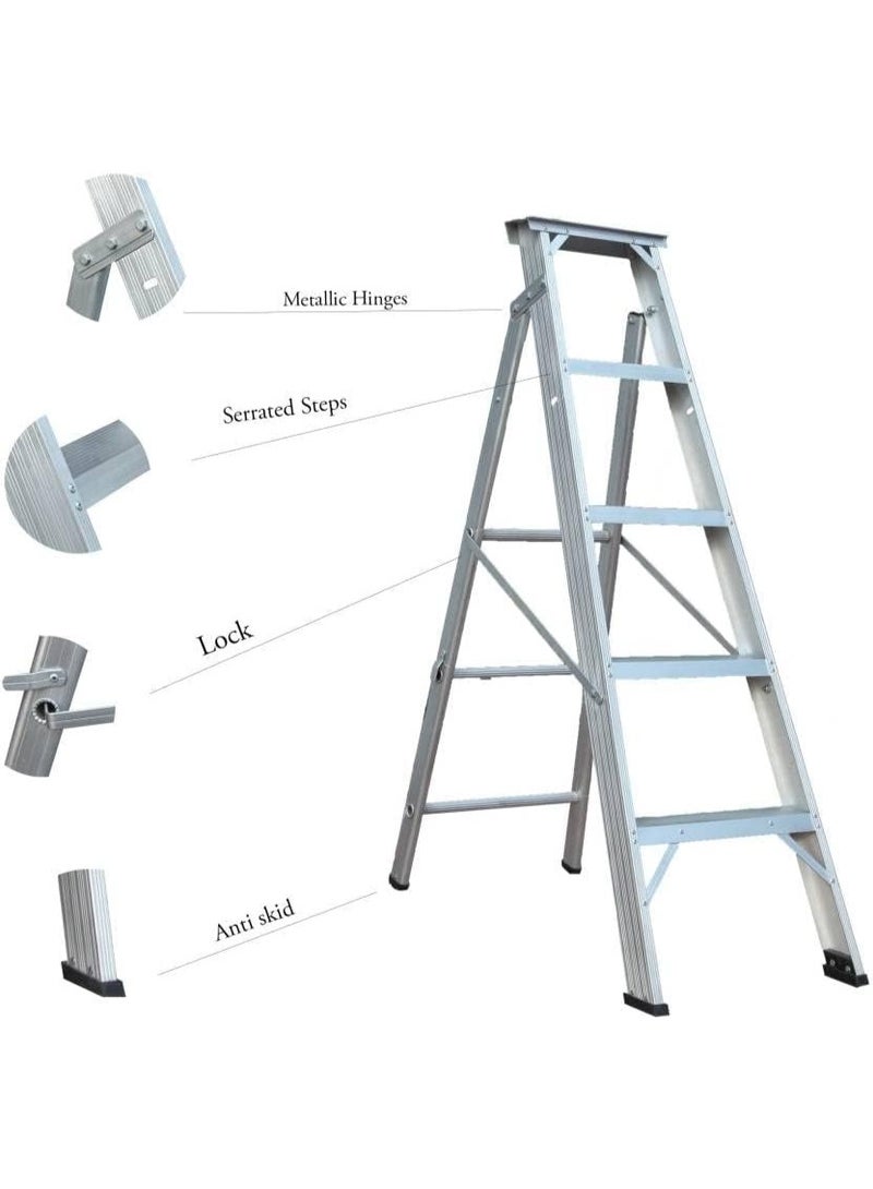 Zamil 5-Step Aluminum Home Ladder – Strong & Lightweight with Non-Slip Rubber Steps and Base – Safe, Foldable & Easy to Store – Elegant Silver Finish - Image 2