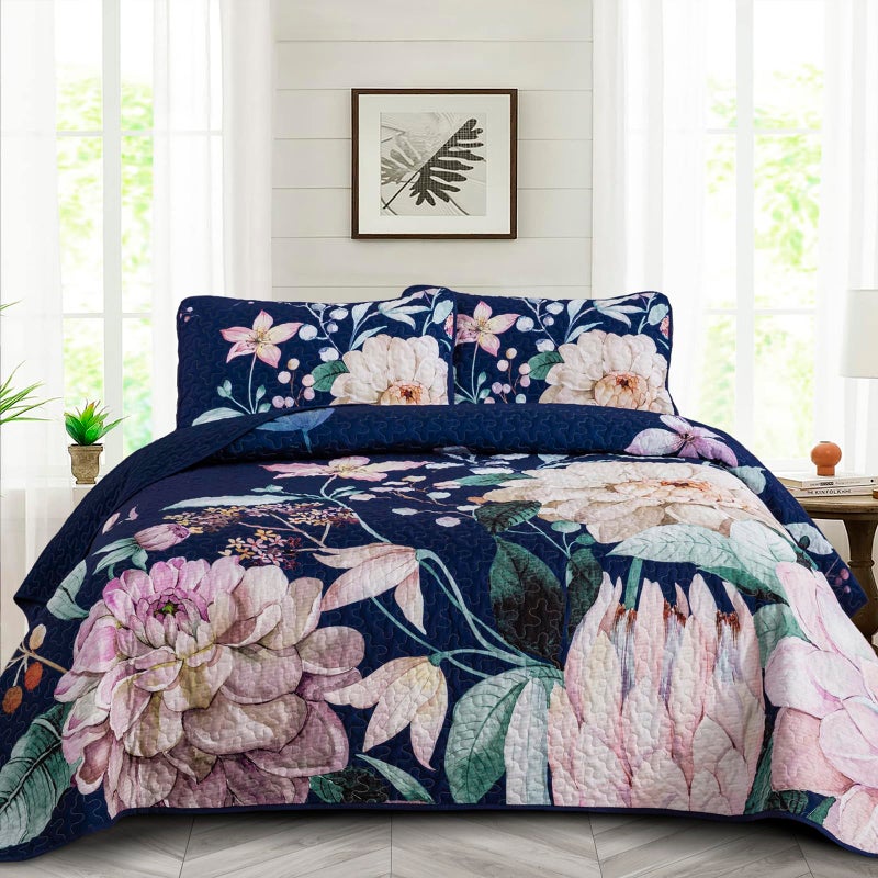 Drucon Floral Quilt Queen Size - 3 Pieces Navy Blue Quilt Botanical Bedspread Soft Lightweight Flower Bedding Set for All Season (96"x90") - Image 1