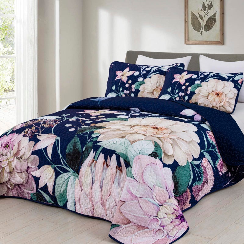 Drucon Floral Quilt Queen Size - 3 Pieces Navy Blue Quilt Botanical Bedspread Soft Lightweight Flower Bedding Set for All Season (96"x90") - Image 2