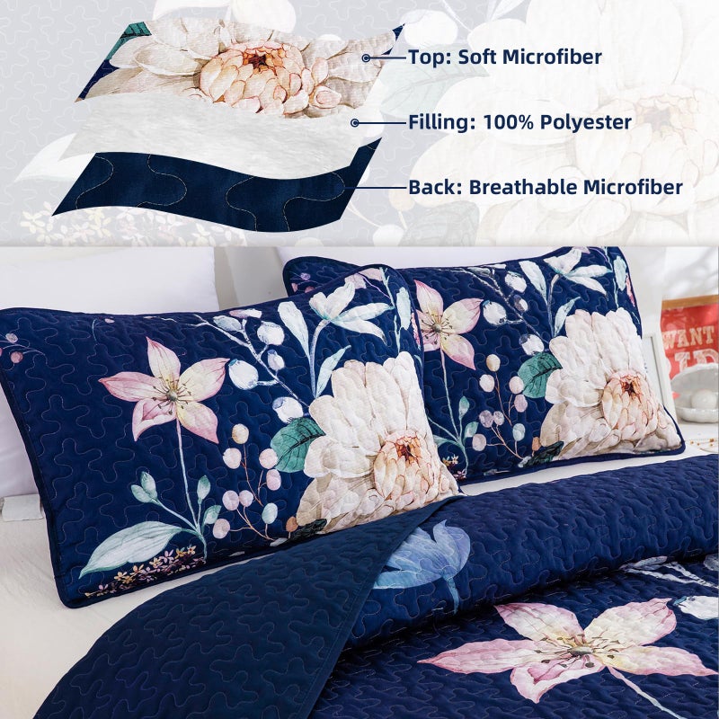 Drucon Floral Quilt Queen Size - 3 Pieces Navy Blue Quilt Botanical Bedspread Soft Lightweight Flower Bedding Set for All Season (96"x90") - Image 5