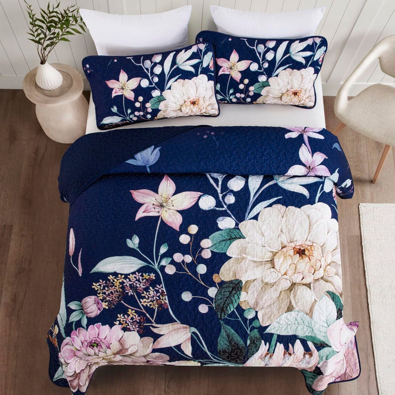 Drucon Floral Quilt Queen Size - 3 Pieces Navy Blue Quilt Botanical Bedspread Soft Lightweight Flower Bedding Set for All Season (96"x90") - Image 3