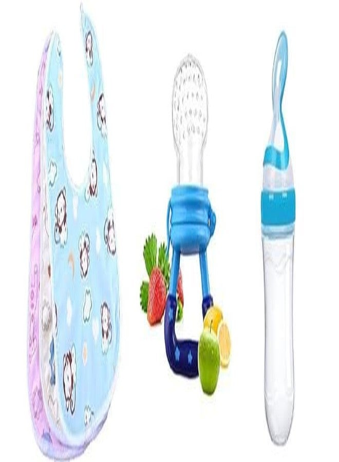 BabyGo Baby Feeding Combo | Waterproof Apron Bibs (3 Pcs) + Fruit Nibbler (1 Pc) + 90ml Silicone Squeeze Bottle (1 Pc), Soft, Washable & Reusable Feeding Essentials for Infants & Toddlers - Image 1