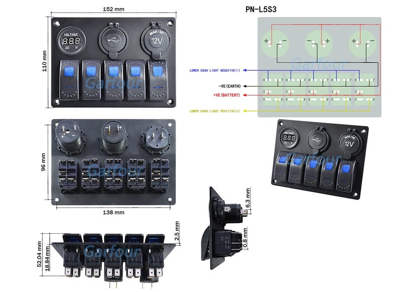 Garfour Waterproof Marine Boat Rocker Switch Panel with Dual USB and Volt Meter - Image 5
