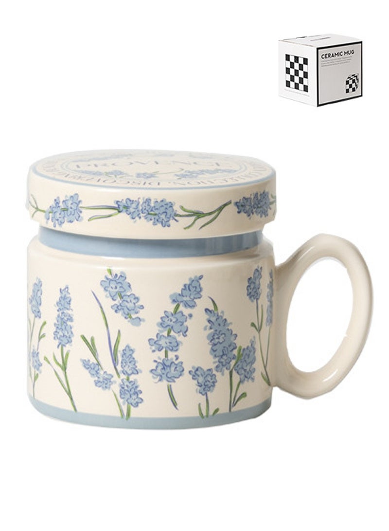 380Ml Microwave - Safe Ceramic Mug With Lid - Blue Floral Pattern, Stylish & Functional For Coffee, Tea & Beverage - Image 1