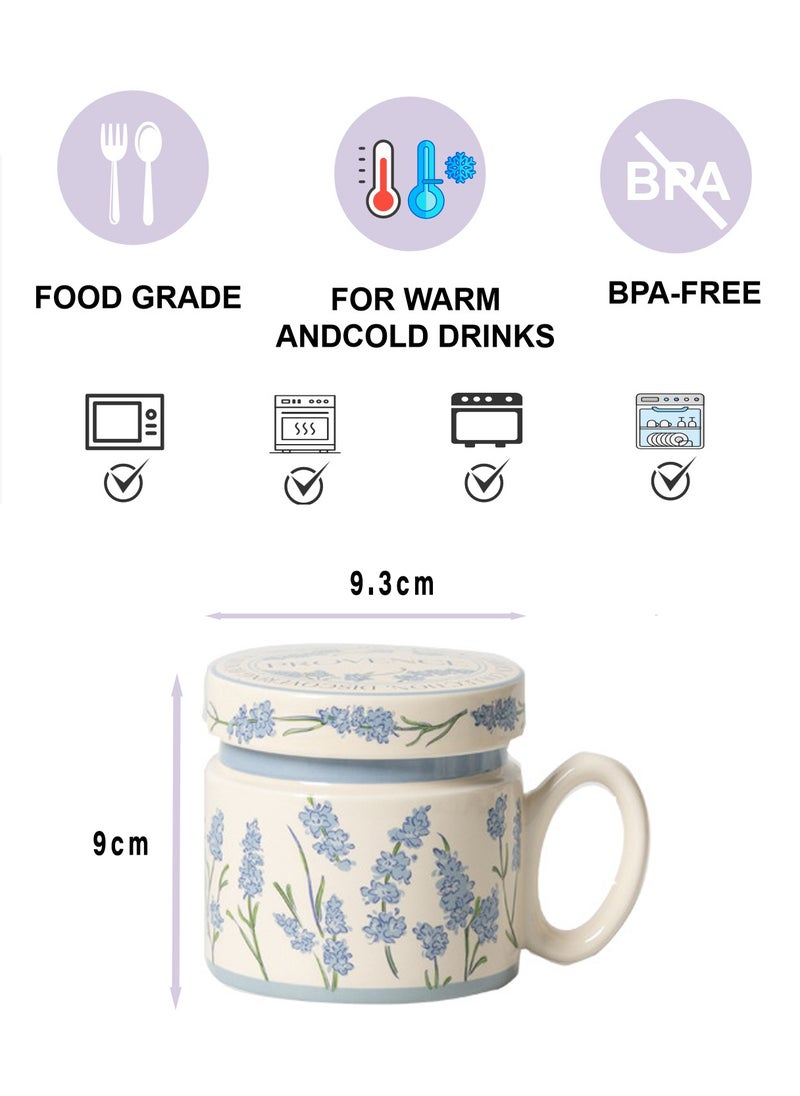 380Ml Microwave - Safe Ceramic Mug With Lid - Blue Floral Pattern, Stylish & Functional For Coffee, Tea & Beverage - Image 2