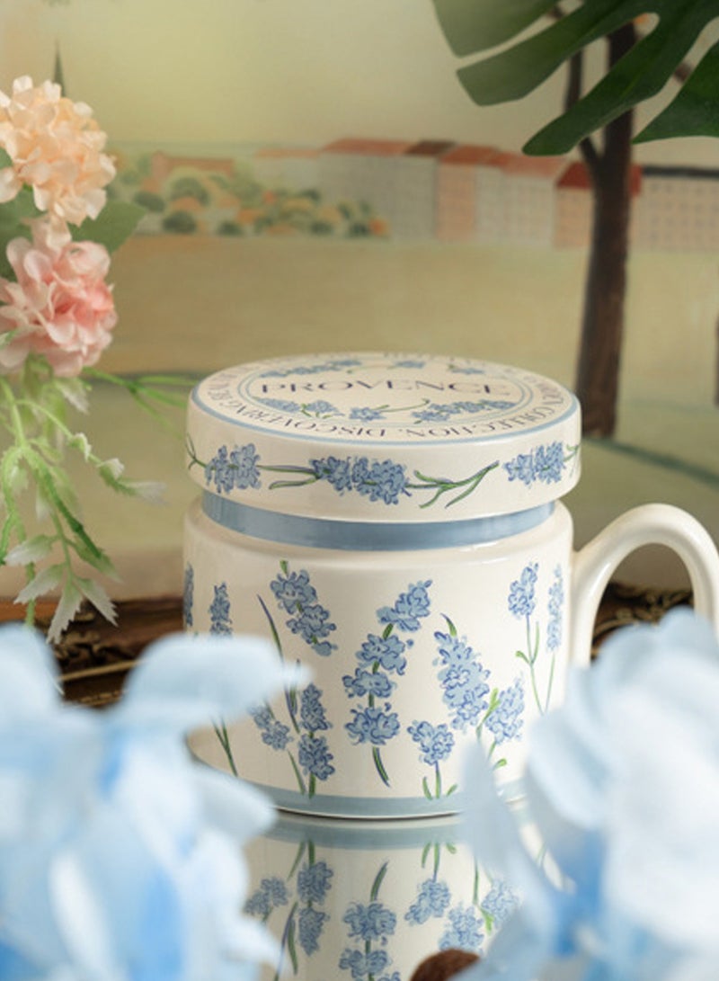 380Ml Microwave - Safe Ceramic Mug With Lid - Blue Floral Pattern, Stylish & Functional For Coffee, Tea & Beverage - Image 3