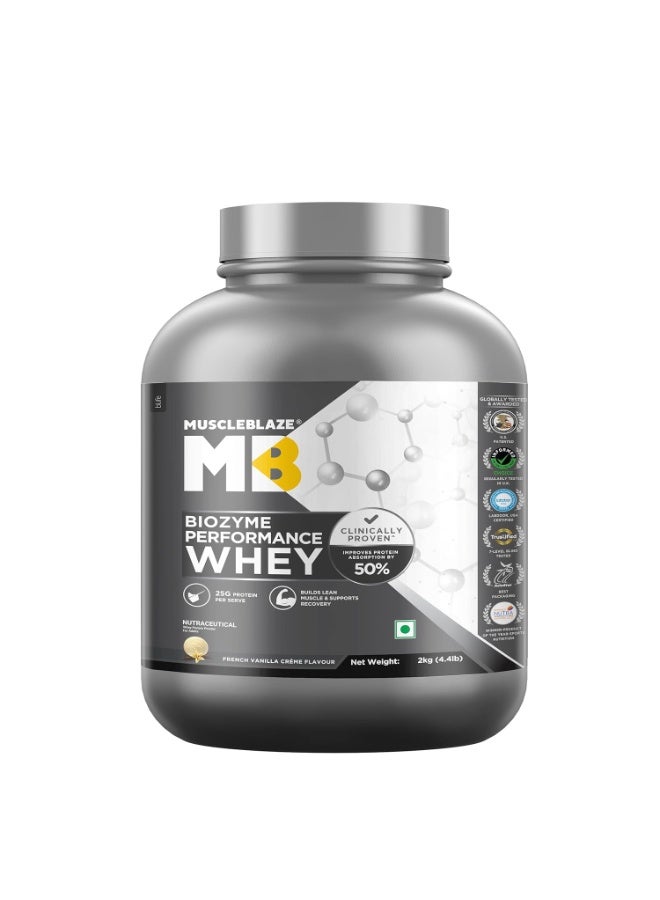 MuscleBlaze Biozyme Performance Whey Protein Powder, French Vanilla Creme (2kg / 4.4lbs) | 25g Protein Per Scoop | Clinically Tested 50% Higher Protein Absorption - Image 1