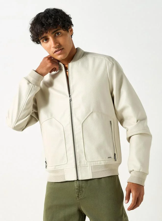 Lee Cooper Textured Bomber Jacket with Zip Closure and Pockets