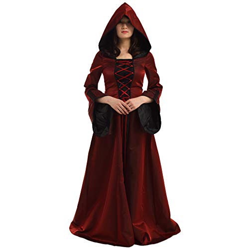 BLESSUME Women Renaissance Lace-up Vintage Hooded Dress Medieval Witch Dress Cosplay Costume Wine Red - Image 2
