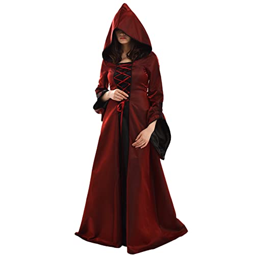 BLESSUME Women Renaissance Lace-up Vintage Hooded Dress Medieval Witch Dress Cosplay Costume Wine Red - Image 3
