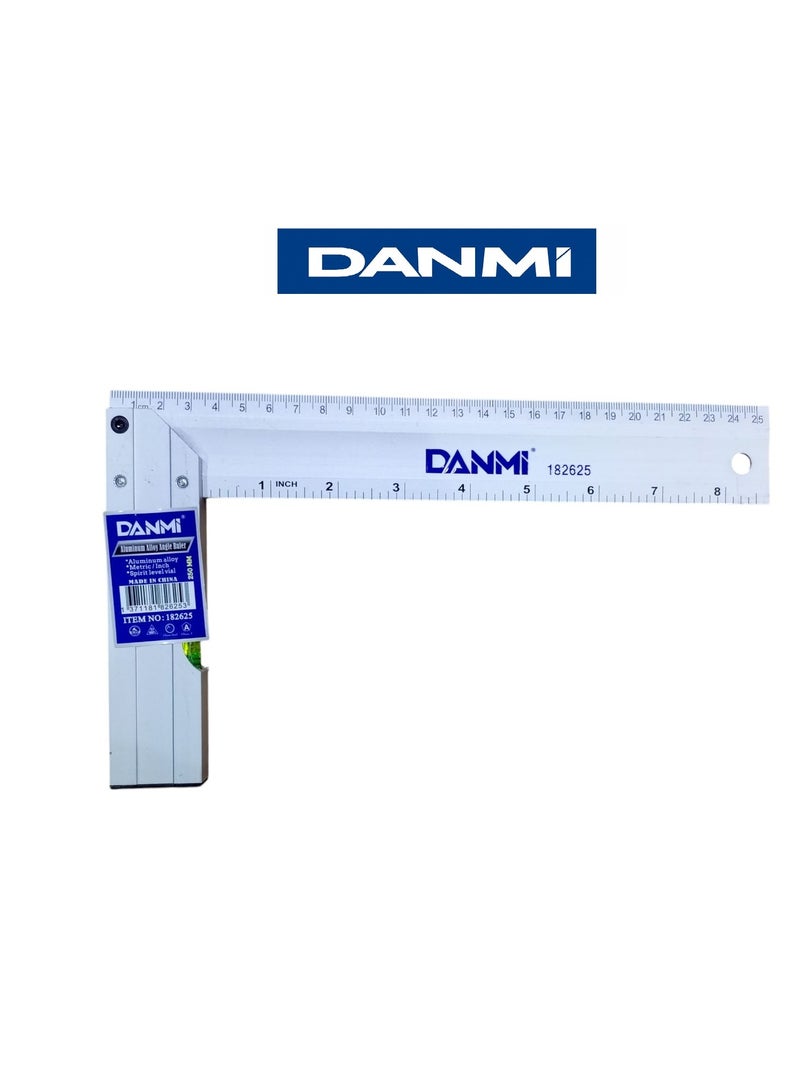 DANMI Aluminum Alloy Angle Square with Bubble Level – Dual Scale mm/cm & inch – 25 cm Blade – Model 182625 - Image 1