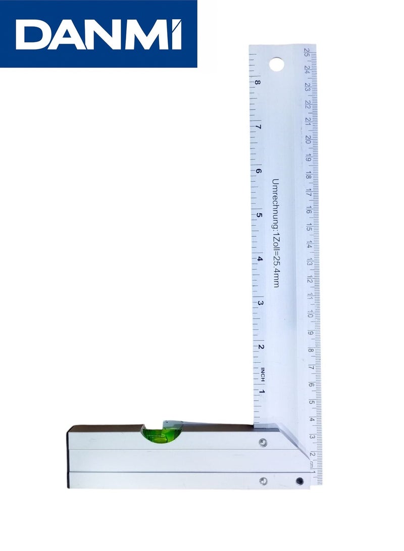 DANMI Aluminum Alloy Angle Square with Bubble Level – Dual Scale mm/cm & inch – 25 cm Blade – Model 182625 - Image 2