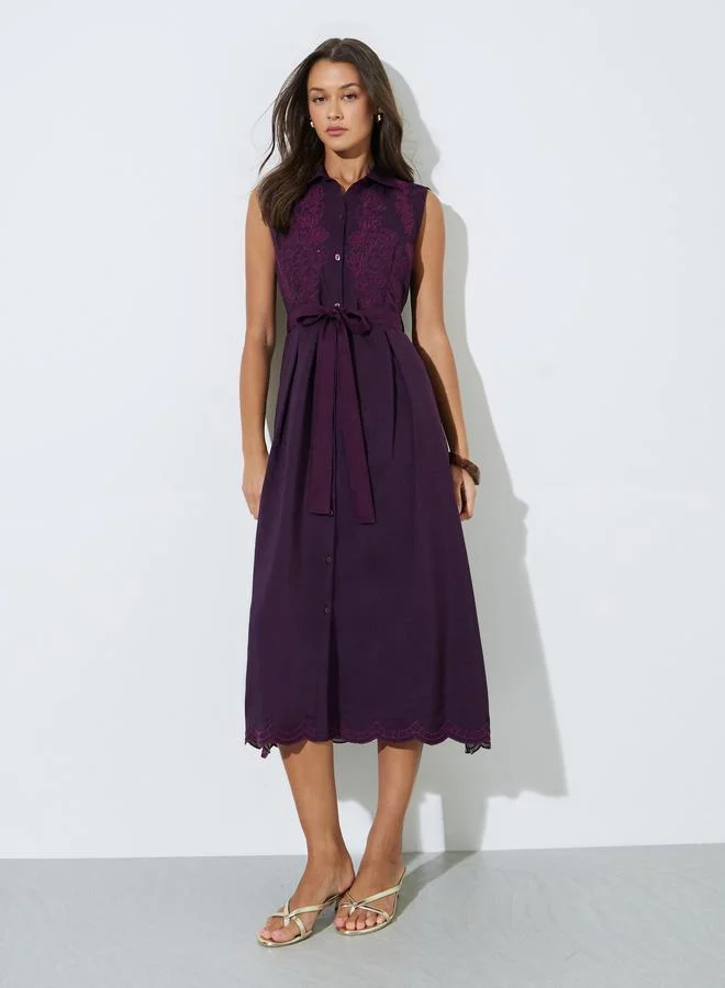 Styli  Burgundy Embroidered Belted Waist Shirt Midi Dress for Women | Best Price UAE