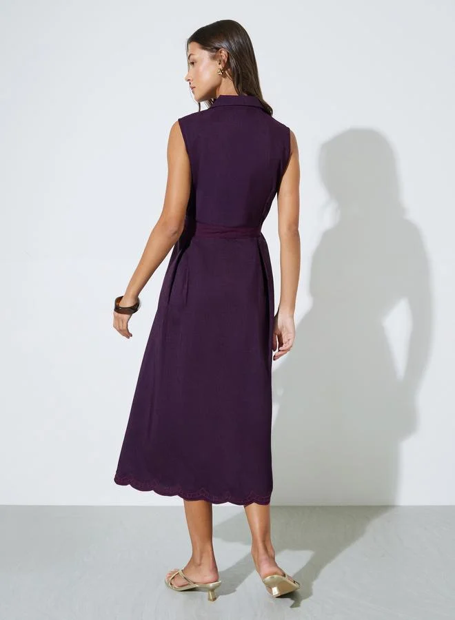 Styli  Burgundy Embroidered Belted Waist Shirt Midi Dress for Women | Best Price UAE