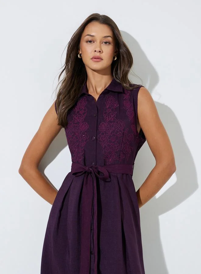 Styli  Burgundy Embroidered Belted Waist Shirt Midi Dress for Women | Best Price UAE