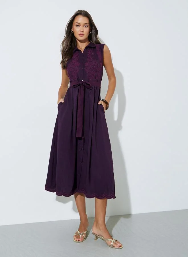 Burgundy Embroidered Belted Waist Shirt Midi Dress