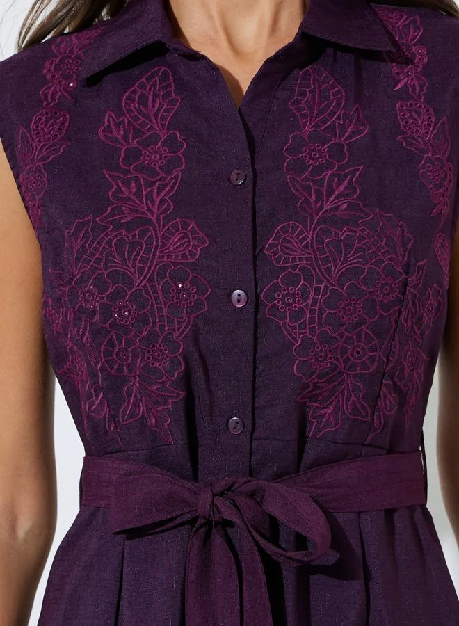 Styli  Burgundy Embroidered Belted Waist Shirt Midi Dress for Women | Best Price UAE