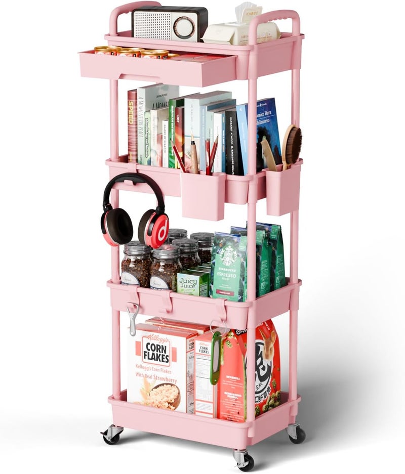 Sorgion 4 Tier Rolling Cart Organizer,Art Craft Diaper Bedside Snack Laundry Room Bathroom Organizer Narrow Thin Slim Rolling Trolley Utility Cart with Wheels for Kitchen,Office(Pink) - Image 1