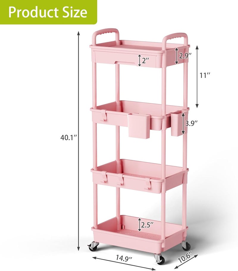 Sorgion 4 Tier Rolling Cart Organizer,Art Craft Diaper Bedside Snack Laundry Room Bathroom Organizer Narrow Thin Slim Rolling Trolley Utility Cart with Wheels for Kitchen,Office(Pink) - Image 3