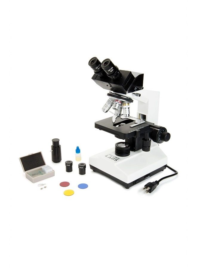 Celestron CB2000C Compound Binocular Microscope w/40x - 2000x power, mechanical stage, 4 Fully achromatic objectives, Abbe condenser, 10x and 20x eyepieces, coaxial focus, 10 prepared slides, 3 color  - Image 1