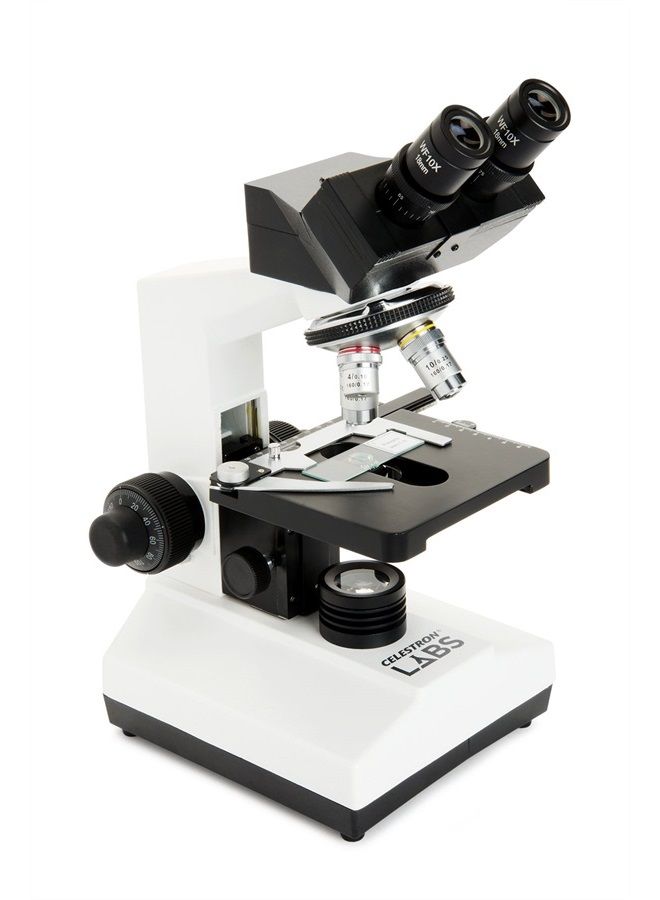 Celestron CB2000C Compound Binocular Microscope w/40x - 2000x power, mechanical stage, 4 Fully achromatic objectives, Abbe condenser, 10x and 20x eyepieces, coaxial focus, 10 prepared slides, 3 color  - Image 2