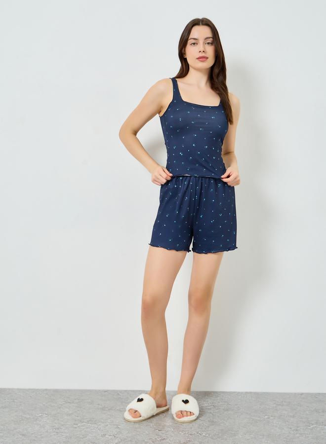 Styli Ditsy Floral Lettuce Hem Square Neck Tank and Shorts Set - Image 2
