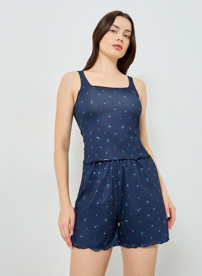 Styli Ditsy Floral Lettuce Hem Square Neck Tank and Shorts Set - Image 3