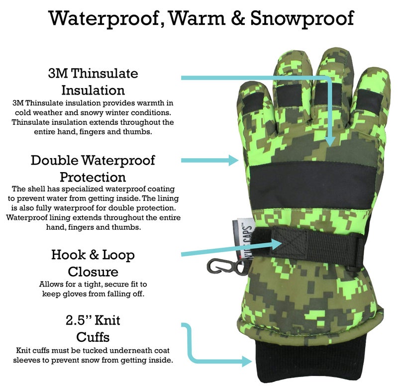 N'Ice Caps Kids Waterproof Winter Thinsulate Warm Gloves (10-12 Years, Neon Green Digital Camo) - Image 3