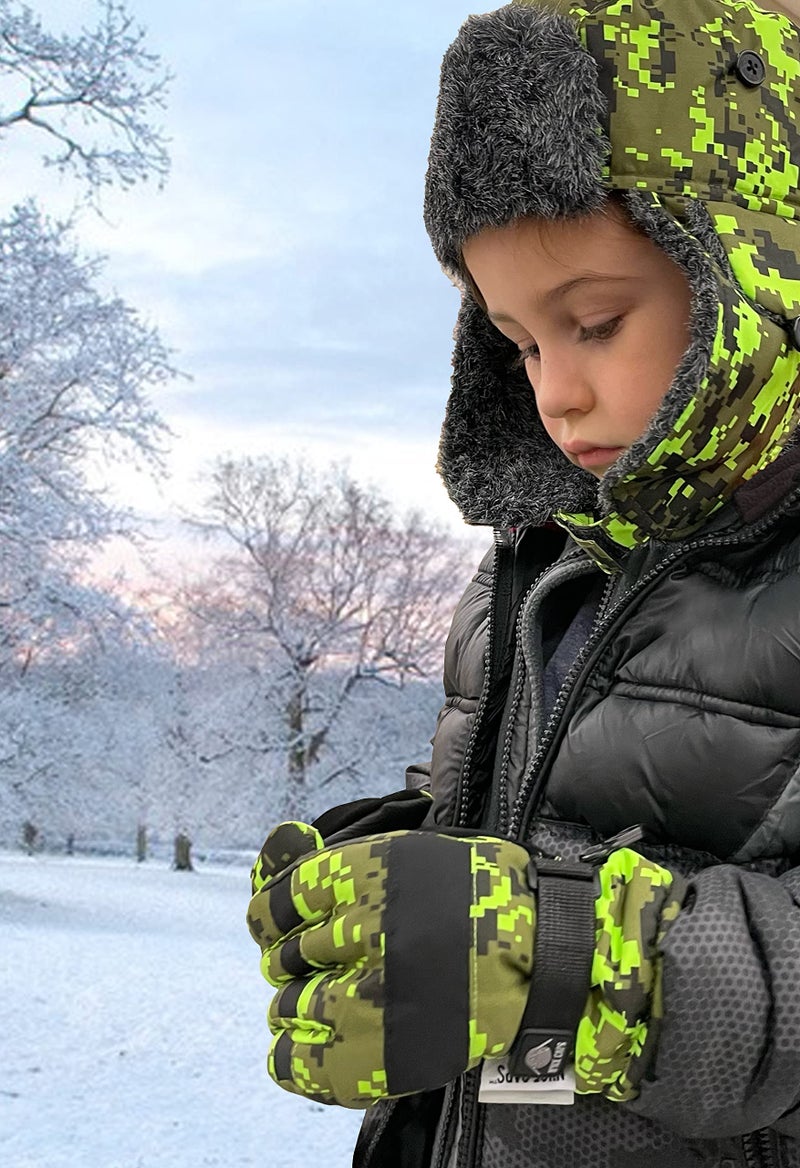 N'Ice Caps Kids Waterproof Winter Thinsulate Warm Gloves (10-12 Years, Neon Green Digital Camo) - Image 2