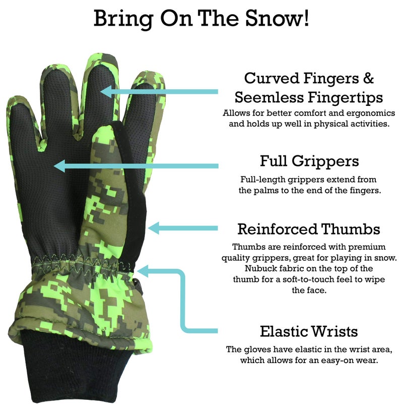 N'Ice Caps Kids Waterproof Winter Thinsulate Warm Gloves (10-12 Years, Neon Green Digital Camo) - Image 4