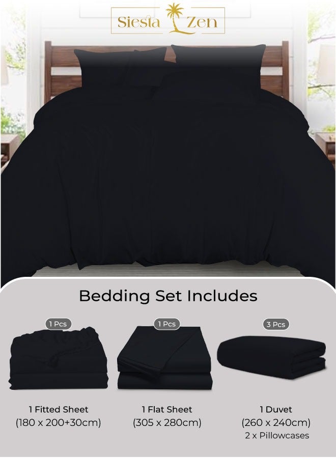 القيلولة زين طقم سرير كينج من سييستا زين – 1 ملاءة مطاطية، 1 ملاءة مسطحة، 1 غطاء لحاف و أغطية وسائد | ناعم للغاية، متين ومريح | لون أسود أنيق | جودة فندقية - Image 1