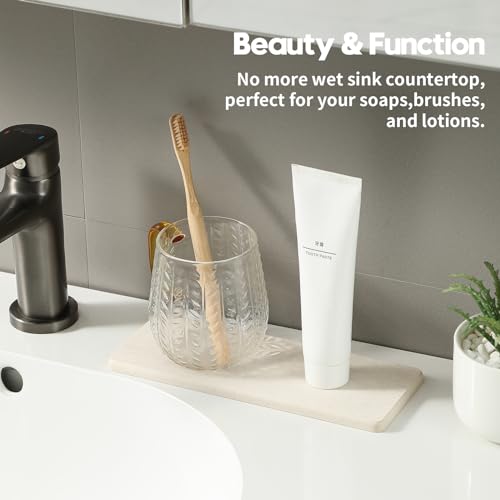 Razborci 2PCS Bathroom Sink Vanity Trays, Water Absorbing Diatomite Stone Drying Soap Dish Dispenser for Kitchen Counter, Sponge Holder Mat Rack Faucet Splash Guard Caddy Organizer, Beige, 9"x3.5" - Image 3