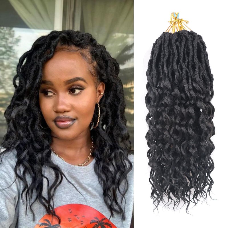 Lianzi Deep Faux Locs Crochet Hair 14 Inch 8 Packs Goddess Locs Crochet Braids Soft Faux Crochet Braids with Curly Ends Pre Looped Deep Wavy Crochet Hair for Black Women (14 Inch, 1B) - Image 1