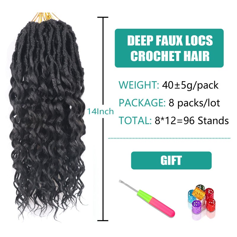 Lianzi Deep Faux Locs Crochet Hair 14 Inch 8 Packs Goddess Locs Crochet Braids Soft Faux Crochet Braids with Curly Ends Pre Looped Deep Wavy Crochet Hair for Black Women (14 Inch, 1B) - Image 2