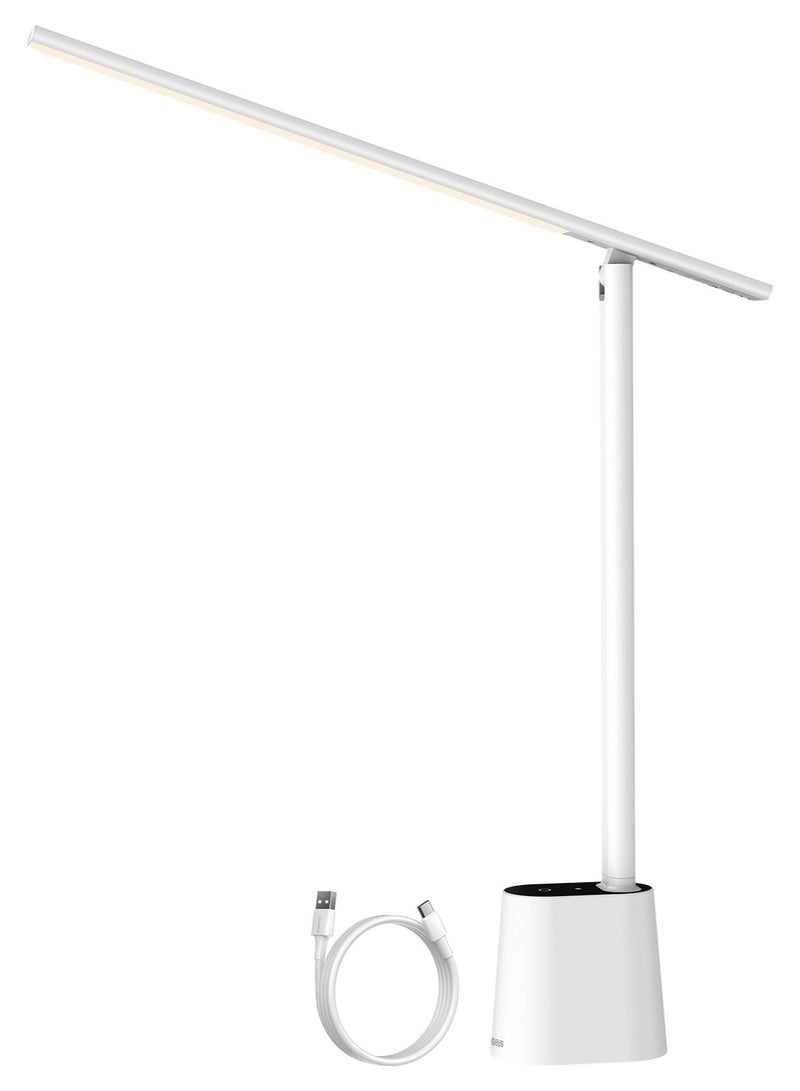 Baseus LED Desk Lamp Auto-Dimming Smart Table Light – 47" Wide Illumination, 940 Lux Brightness, 250 Lumens, 5W, Eye-Caring Full-Spectrum Lighting, 3 Adjustable Color Modes, Touch Control, 180° Foldable Arm, Rechargeable 2200mAh Battery, USB-C Fast Charging for Home Office, Bedroom, Living Room, Painting & Study (White)  - Image 1
