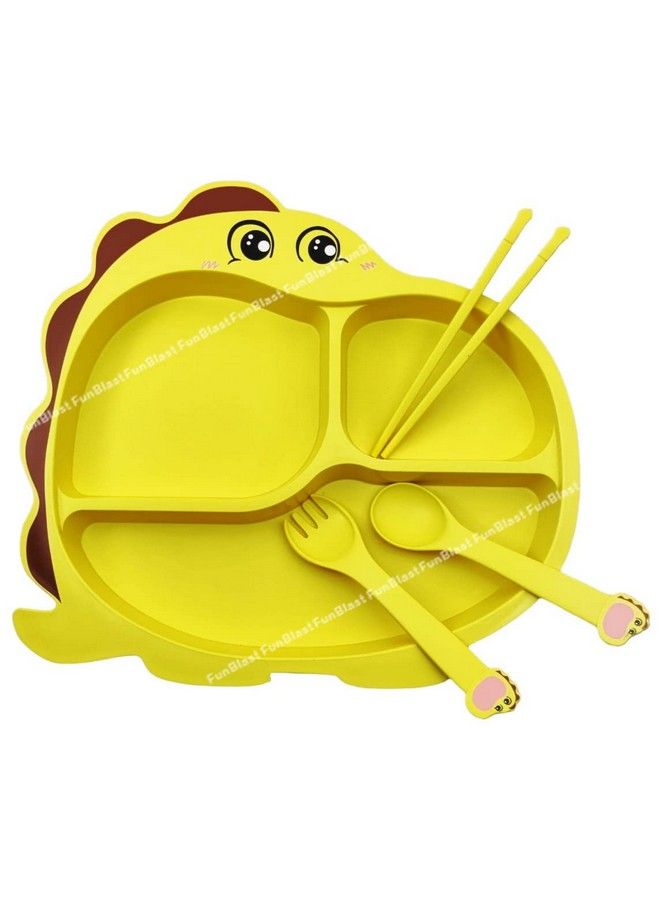 FunBlast Bamboo Fiber Feeding Set For Kids Cartoon Design Children Tableware Set Utensils And Dishes Includes Plate Spoon Fork And Chopsticks Plates For Kids Tableware Cutlery (Yellow)  - Image 2