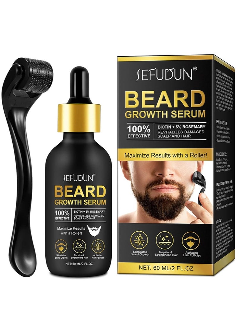 Sefudun Beard Growth Kit - Beard Roller and Beard Growth Serum - Biotin Beard Growth Oil for Promote Hair Regrowth - Beard Serum for Facial Hair Treatment Masculine Thick,2 Fl Oz - Image 1