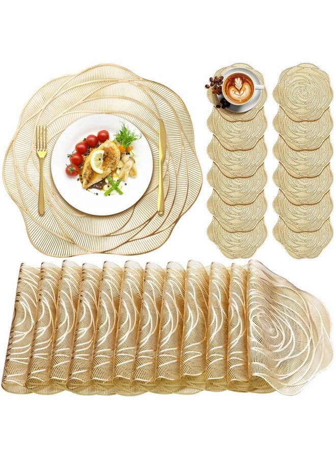 Sieral Sieral 12 Set 15 Inch Round Pressed Vinyl Placemats Rose Placemat Set Metallic Place Mat Coaster Set Including Placemats and Coasters Slip Resistant Table Mats for Dining Kitchen (Gold)  - Image 1