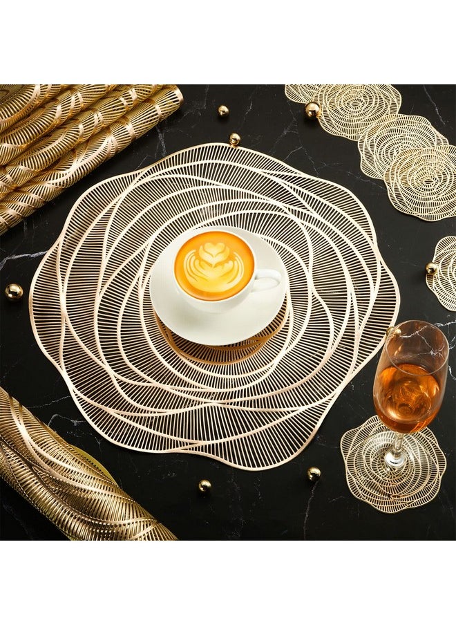 Sieral Sieral 12 Set 15 Inch Round Pressed Vinyl Placemats Rose Placemat Set Metallic Place Mat Coaster Set Including Placemats and Coasters Slip Resistant Table Mats for Dining Kitchen (Gold)  - Image 4
