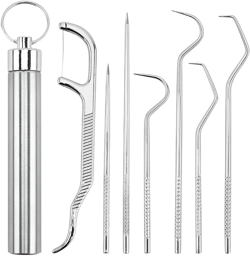 Alark مجموعة أدوات الأسنان من ألرك | 7 في 1 مجموعة أدوات تنظيف الأسنان من الفولاذ المقاوم للصدأ | مجموعة نظافة الأسنان أعواد الأسنان للتخييم والنزهات والسفر | مجموعة أعواد أسنان محمولة (10x1.5x1.5 سم) - Image 1